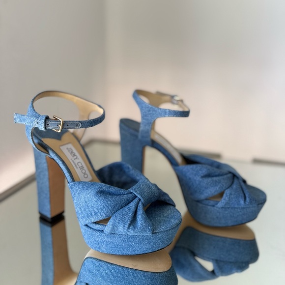 New JIMMY CHOO Heloise 120 Knotted Denim Platform Sandals $995 37 - Picture 11 of 13
